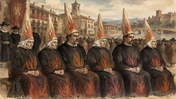 Seis condenados con sambenito y capirote de llamas sentados en fila en una plaza ante una multitud