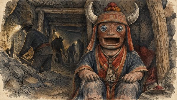 Figura de barro con cuernos, ojos redondos y boca abierta sentada en una galería de mina, junto a mineros con lámparas de casco