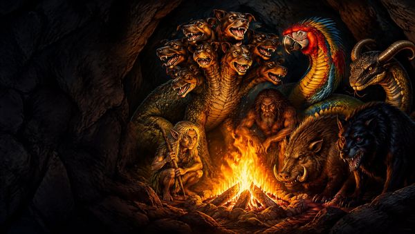 Siete monstruos alrededor de una hoguera en una cueva: un lagarto de muchas cabezas de perro, una serpiente loro, un duende rubio, un jabalí y un perro negro