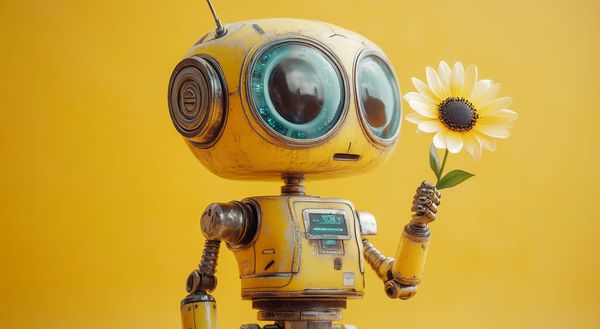 A cute yellow robot with big eyes holding a flower.