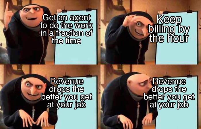 Gru's plan meme: get an agent to do the work in a fraction of the time, keep billing by the hour, revenue drops as you get better at your job, revenue drops as you get better at your job