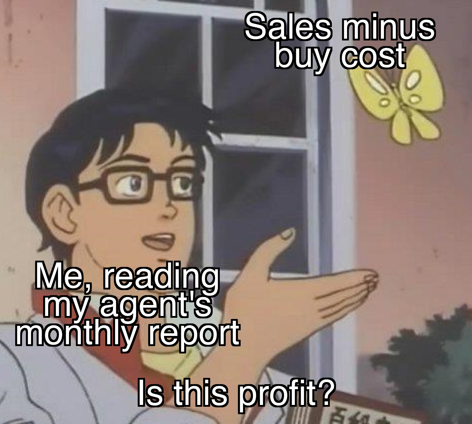Is this a pigeon meme: sales minus buy cost, me reading my agent's monthly report, is this profit?