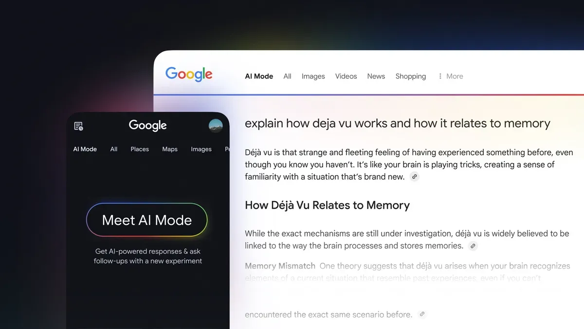 A Google search page displays results about déjà vu and its relation to memory. A partially visible phone screen on the left shows a "Meet AI Mode" prompt with a gradient background, highlighting Google's AI features.