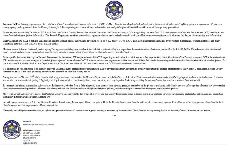 Gallatin County Dispute Over ICE Records Policy Faces April 6th Deadline