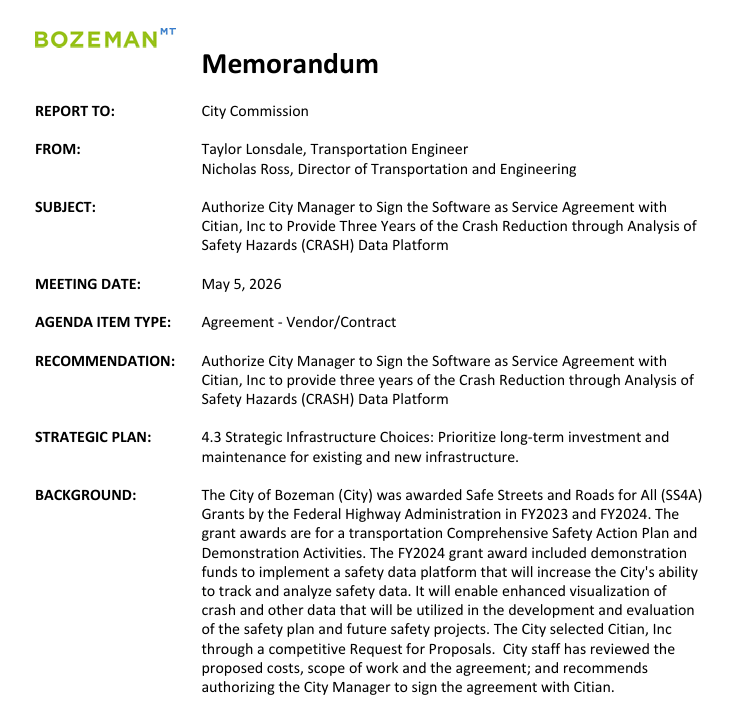 City of Bozeman Signs Contract With AI Software Company To Study Data Related To Car Crashes