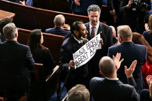 Lawmaker waves 'Black people aren't apes!' sign at Trump address