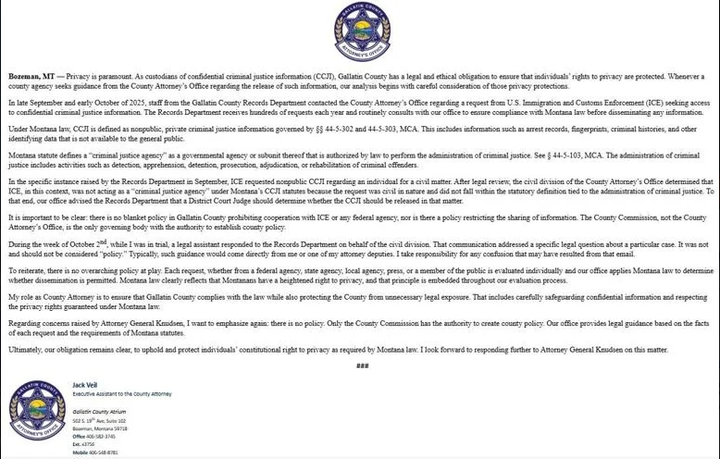 Gallatin County Dispute Over ICE Records Policy Faces April 6th Deadline
