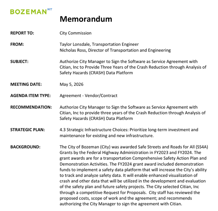 City of Bozeman Signs Contract With AI Software Company To Study Data Related To Car Crashes