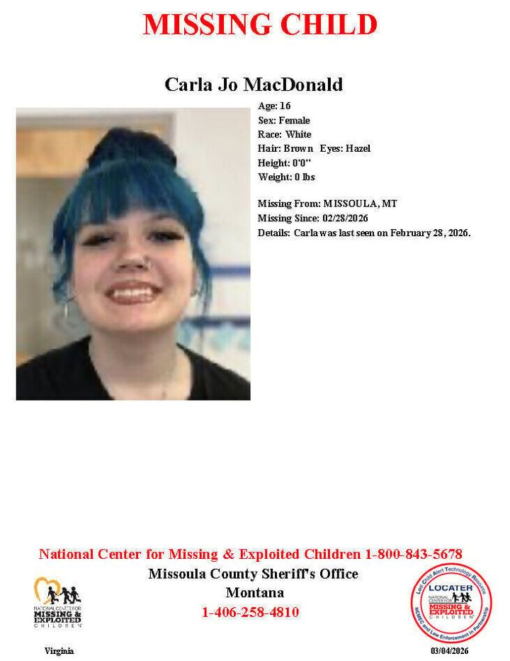 Missing: 16-Year-Old Carla Jo MacDonald Sought by Missoula County Sheriff's Office