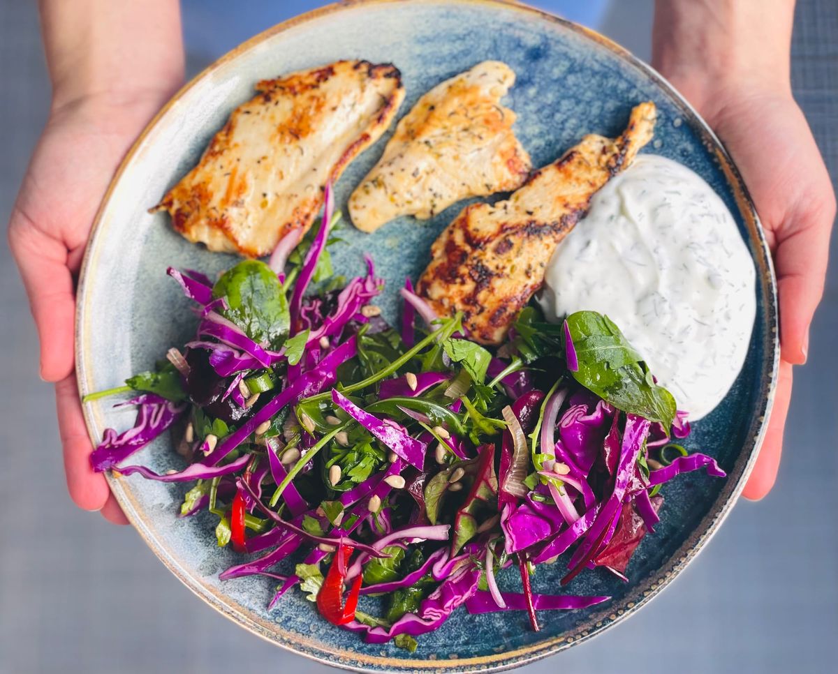 Grilled Turkey Breast with Yoghurt Dill Sauce & Fresh Greens