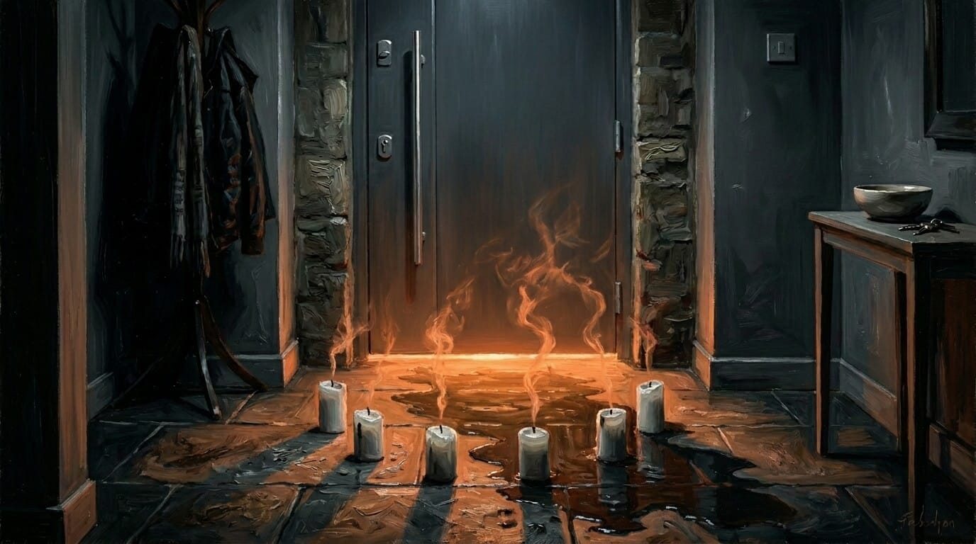 Obálka pre psychologický horor Kľúčnikova hra, na ktorej je vnútorná strana vstupných dverí, pod ktorými presvitá oranžové svetlo lampy. V pred nimi stojí v mláke vody šiesť sfúknutých sviečok poukladaných do polkruhu.