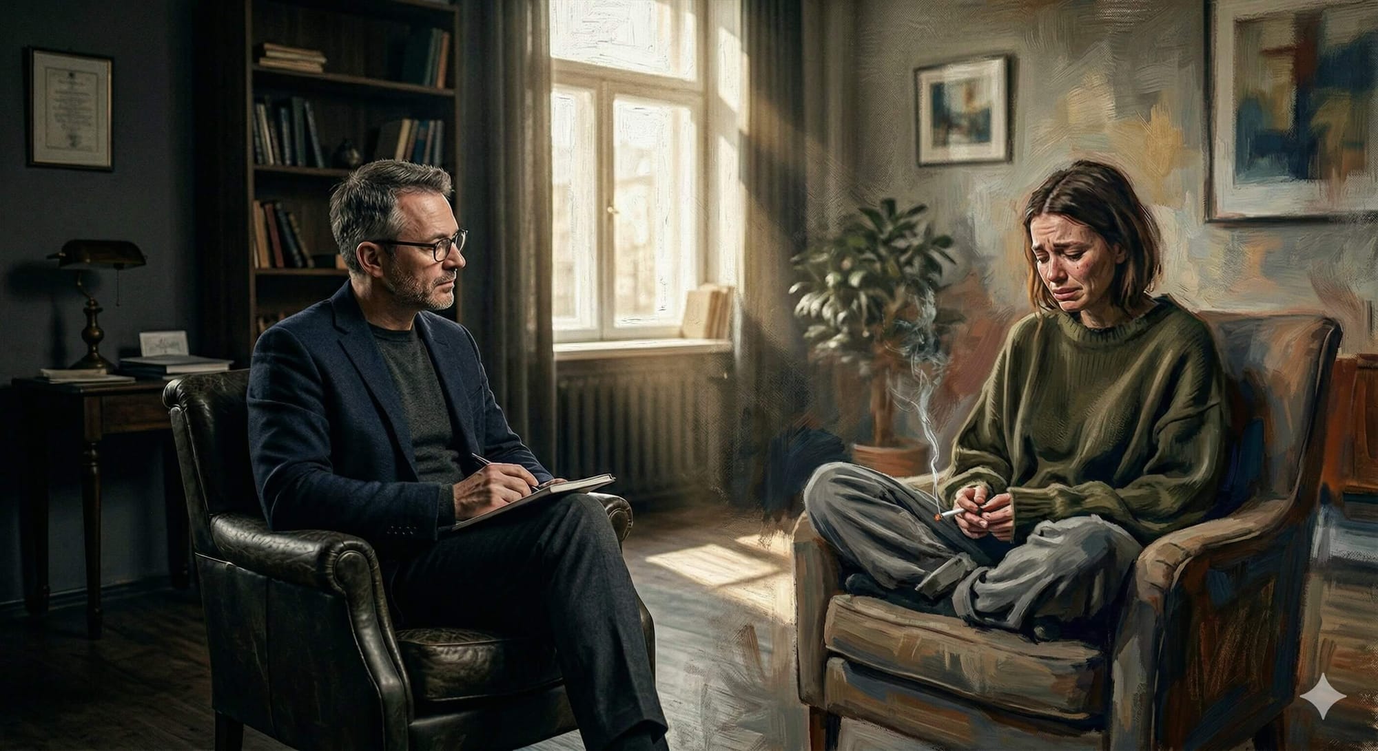 Obálka psychologickej drámy Správna vec, kde Lenka plače u psychiatra s cigaretou v prstoch.