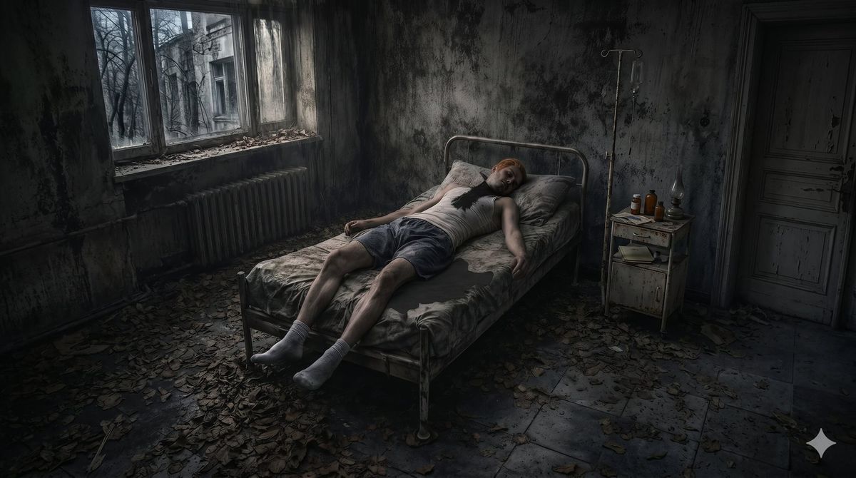 Ryšavý muž v tielku, trenkách a ponožkách leží zavraždený v kaluži krvi na posteli vnútri opustenej nemocnice vo finálnej epizóde psychologickej poviedky na pokračovanie.