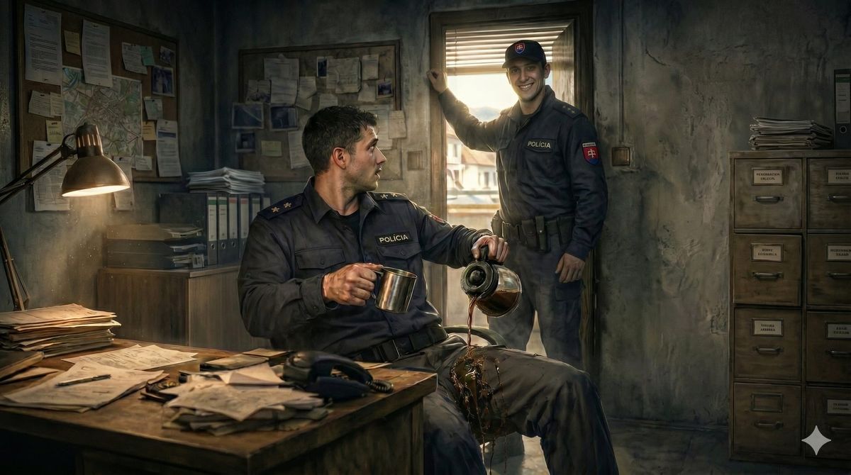 Mladý policajt si v kancelárii leje kávu na stehno, kým prekvapene pozerá na druhého policajta stojaceho vo dverách v druhej kapitole psychologického hororu.