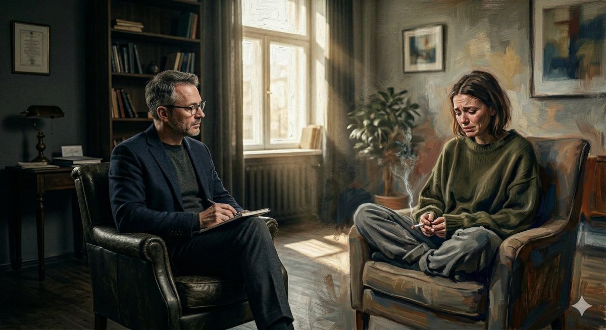 Lenka plače u psychiatra s cigaretou v prstoch v prvej časti dramatického príbehu Správna vec.