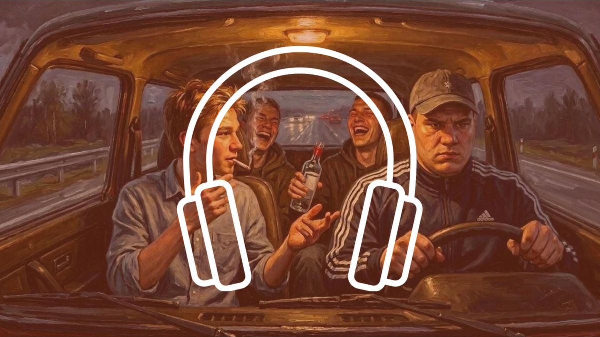 Titulný obrázok pre audioverziu vojnovej poviedky na pokračovanie, kde sa vezie štvorica kamarátov v aute po Sibírskej diaľnici. Smejú sa, netušiac, ako im vojna na Ukrajine zmení plány.