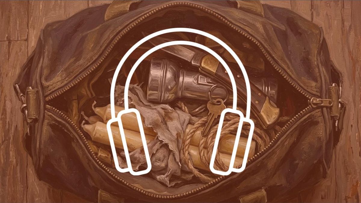 Titulný obrázok pre mysterióznu epizodickú audioknihu Kľúčnikova hra, na ktorom je športová taška naplnená sviečkami, lanom, baterkou a vreckovým nožom.