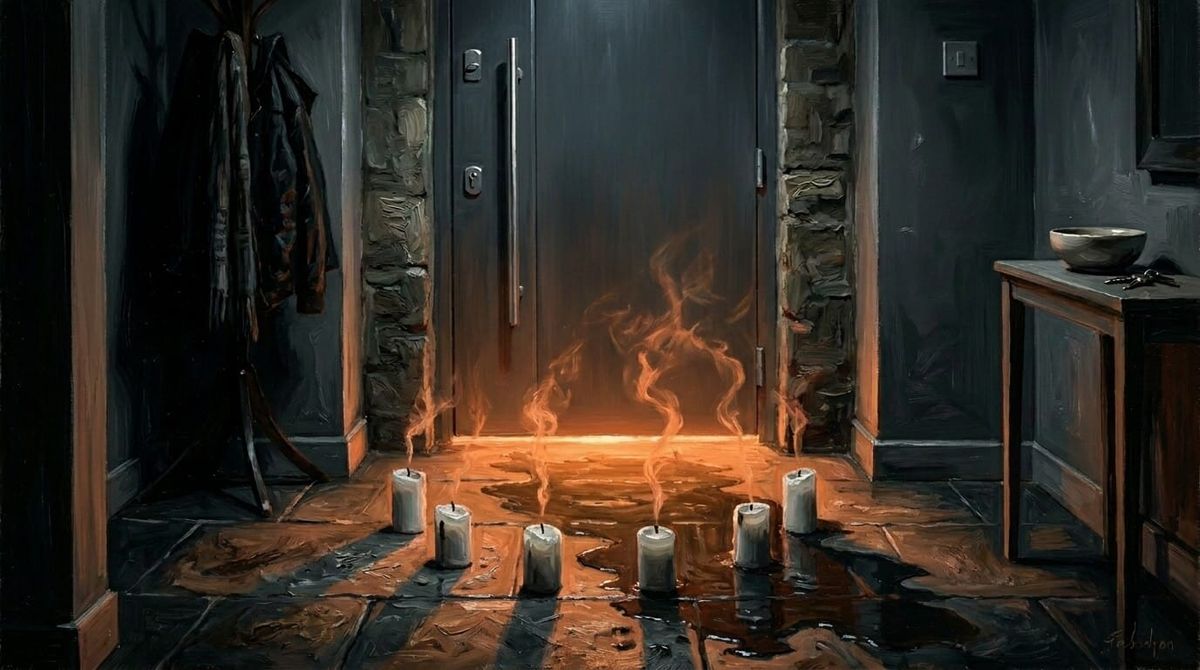 Titulný obrázok pre finále mysterióznej poviedky Kľúčnikova hra, zobrazujúci šesť sfúknutých sviečok pred vstupnými dverami domu.