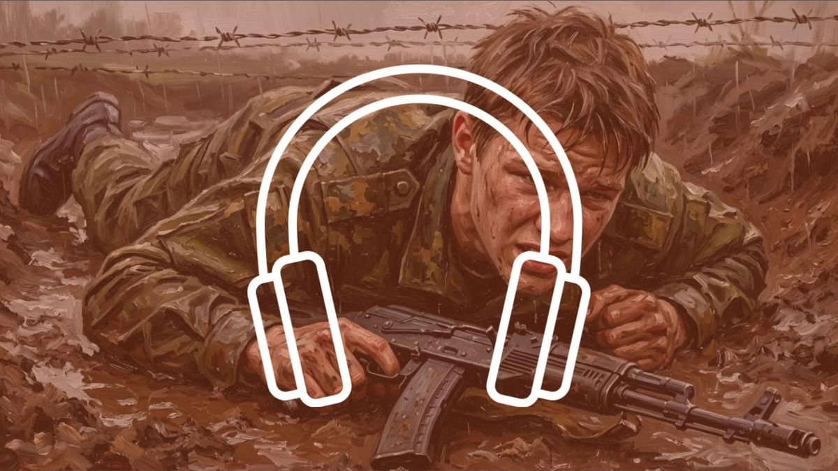 Titulný obrázok štvrtej epizódy audiokni vojnového hororu Tanec s diablom, na ktorom Vitalij podlieza ostnatý drôt v rozbahnenej priekope tréningového kempu s kalašnikovom v ruke.