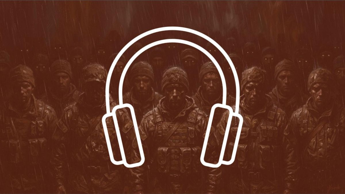 Titulný obrázok pre piatu epizódu audioverzie vojnového hororu Tanec s diablom, kde stoja rady nových regrútov v daždi a tme Ukrajiny.