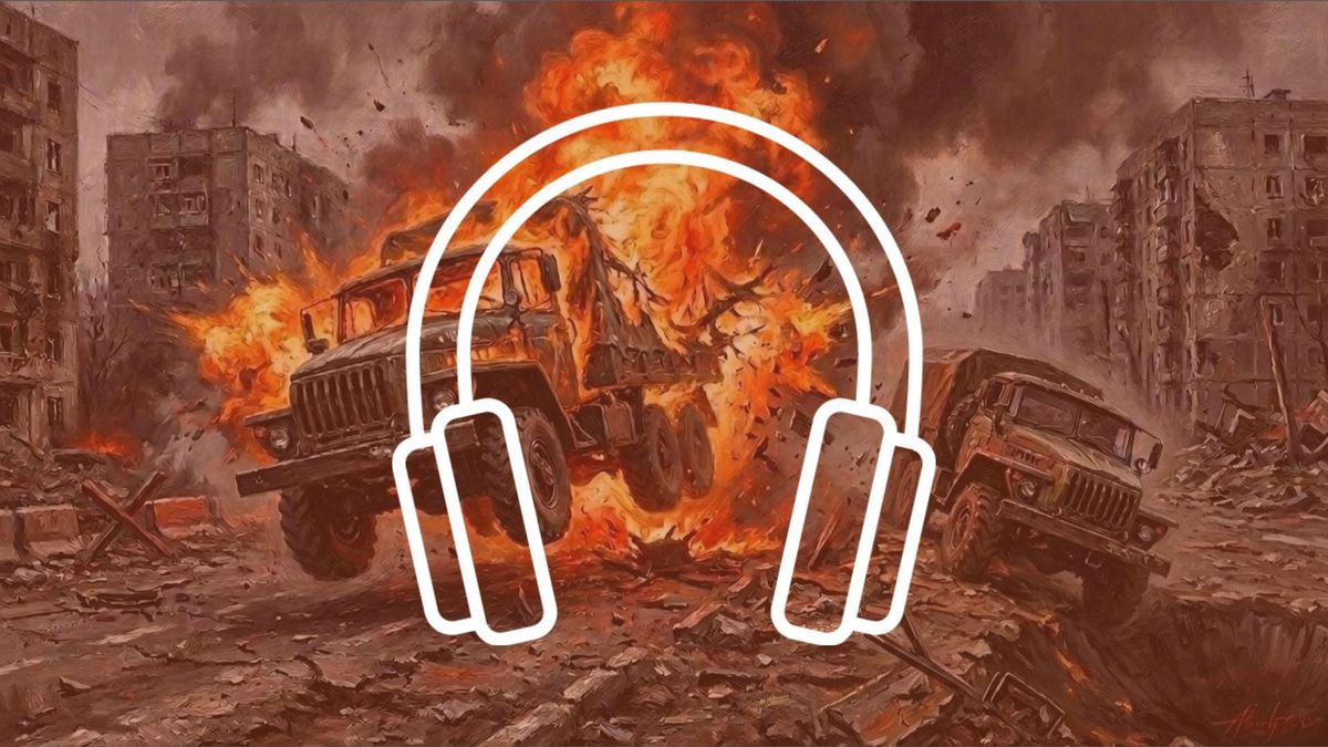 Titulný obrázok pre šiestu epizódu audioverzie príbehu Tanec s diablom, kde jedno nákladné auto vybuchuje na míne, kým nákladiak za ním padá do diery vedľa cesty.