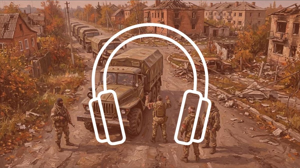 Titulný obrázok pre desiatu epizódu vojnovej audio-drámy Tanec s diablom, kde skupina Wagnerovcov zastaví armádny konvoj na ukrajinskom predmestí.