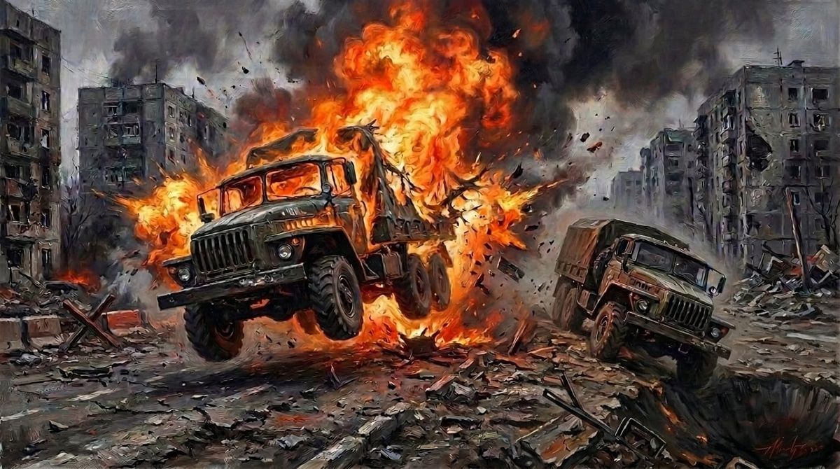 Titulný obrázok pre šiestu epizódu psychologického hororu Tanec s diablom, kde jedno nákladné auto vybuchuje na míne, kým nákladiak za ním padá do diery vedľa cesty.