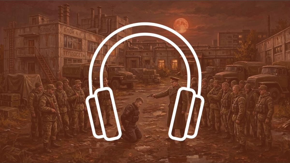 Titulný obrázok audioverzie ôsmej epizódy vojnového hororu, zobrazujúci polkruh vojakov okolo plukovníka mieriaceho zbraňou na ich kľačiaceho kolegu.