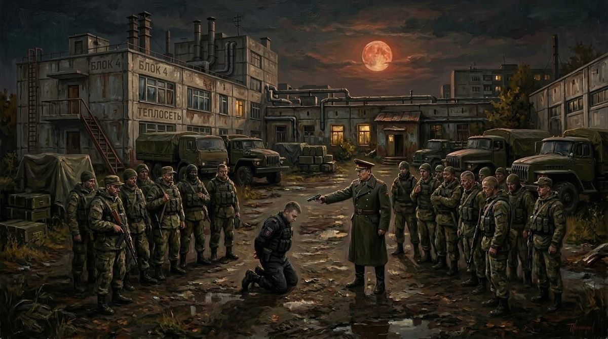 Titulný obrázok ôsmej epizódy vojnového hororu, zobrazujúci polkruh vojakov okolo plukovníka mieriaceho zbraňou na ich kľačiaceho kolegu.
