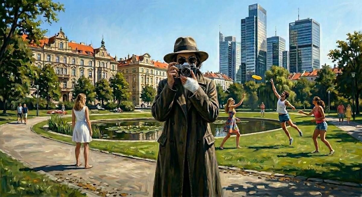 Žena v kabáte a klobúku fotí park v Prahe v tretej epizóde psychologickej drámy Správna vec.