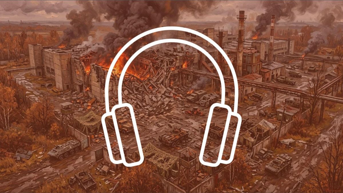 Titulný obrázok pre 12. epizódu audioverzie hororovej novely Tanec s diablom, kde vojenská základňa v starom sovietskom mäsokombináte horí po raketovom útoku.