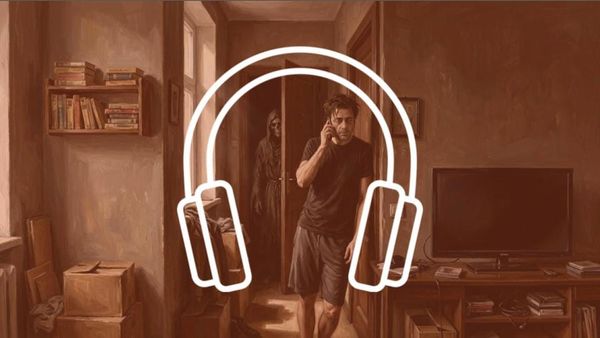 Depresívny analytik Ján telefonuje so sestrou, opretý o stenu obývačky, kým v temnote dvier za ním stojí kostra v šedom plášti vo finále audioknihy Denisa Durca.