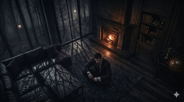 Opitý bankár sedí pred pukajúcim kozubom, kým sa cez okná naťahujú tiene stromov v druhej epizóde psychologického hororu.