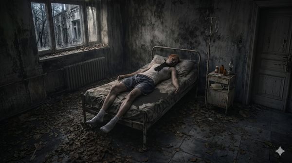 Ryšavý muž v tielku, trenkách a ponožkách leží zavraždený v kaluži krvi na posteli vnútri opustenej nemocnice vo finálnej epizóde psychologickej poviedky na pokračovanie.