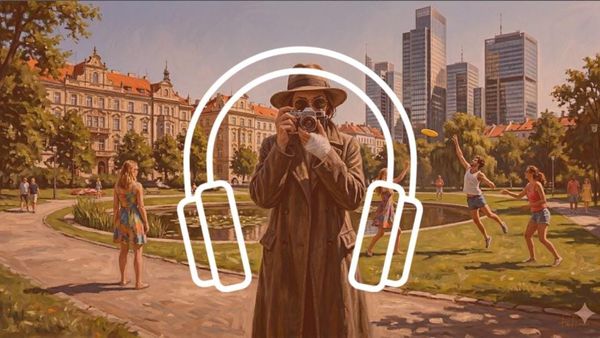 Žena v kabáte a klobúku fotí park v Prahe v tretej časti psychologickej audiodrámy Správna vec.