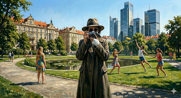 Žena v kabáte a klobúku fotí park v Prahe v tretej epizóde psychologickej drámy Správna vec.