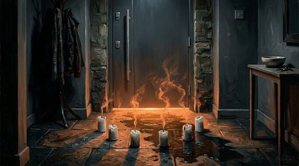 Titulný obrázok pre finále mysterióznej poviedky Kľúčnikova hra, zobrazujúci šesť sfúknutých sviečok pred vstupnými dverami domu.