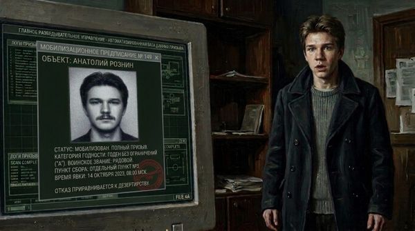 Titulný obrázok pre vojnový psychohoror na pokračovanie Tanec s diablom, na ktorom mladý chlapec prekvapene pozerá na fotku muža z povolávacieho rozkazu s menom Anatoly Roznin.
