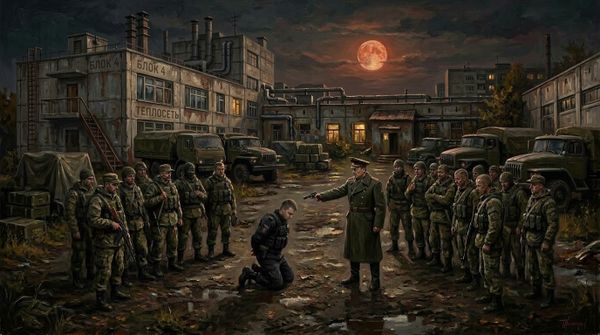 Titulný obrázok ôsmej epizódy vojnového hororu, zobrazujúci polkruh vojakov okolo plukovníka mieriaceho zbraňou na ich kľačiaceho kolegu.
