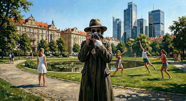 Žena v kabáte a klobúku fotí park v Prahe v tretej epizóde psychologickej drámy Správna vec.