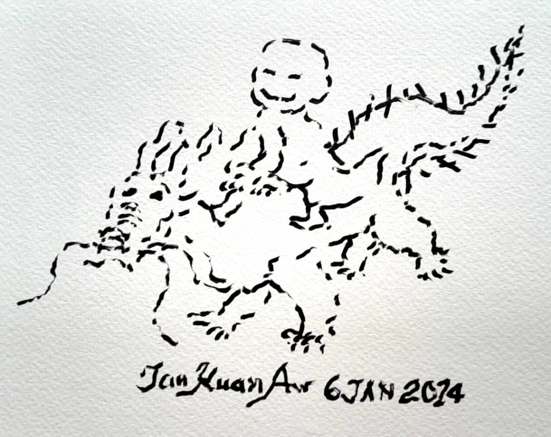 Line illustration of a grinning monk riding on the back of a dragon. Signed Tan Kuan Aw 6 Jan 2024.