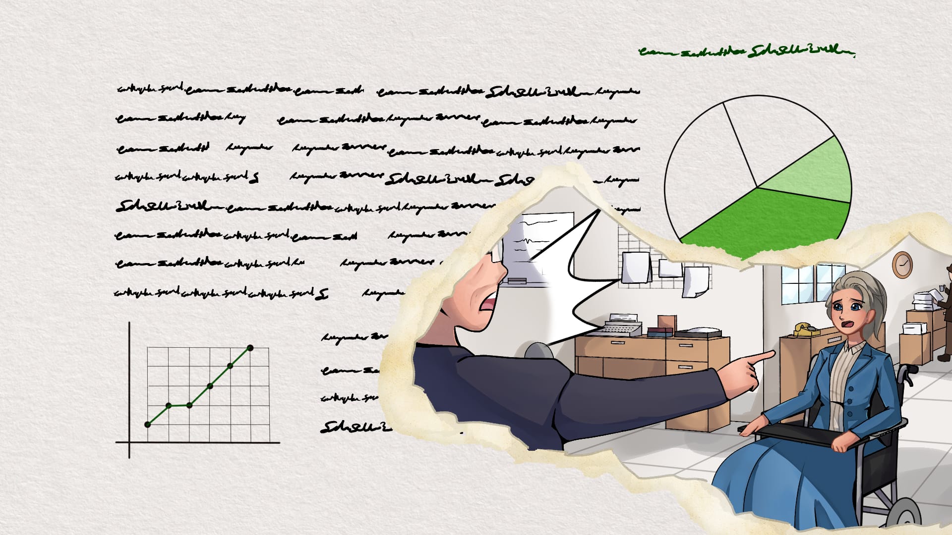Digital illustration of paperwork with graphs marked positively in green. A tear in the paperwork shows a pre-digital office scene with a man shouting at a manual wheelchair-using woman, who is wide-eyed and scared. 