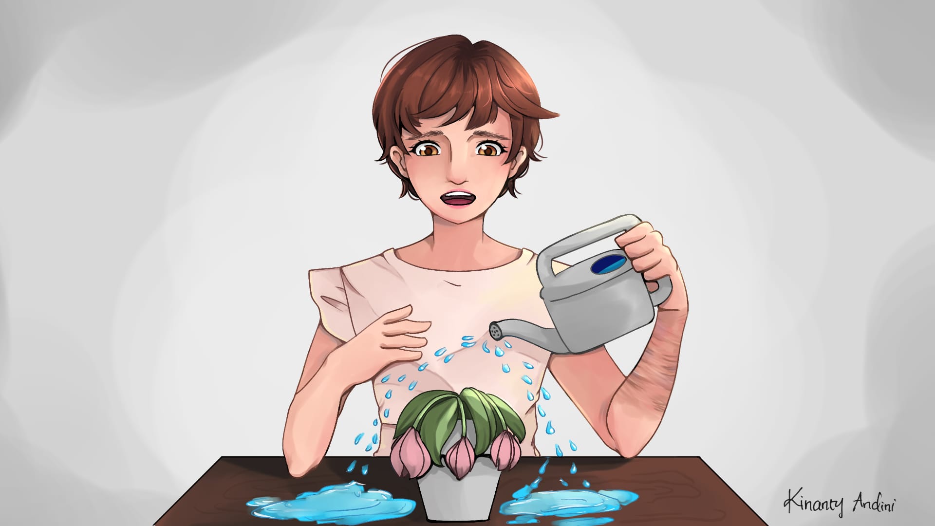 A digital illustration of a woman trying to water a potted plant. The water spills onto the table, magically missing the withered plant. The woman has short brown hair, brown eyes, and scarring on her left forearm.