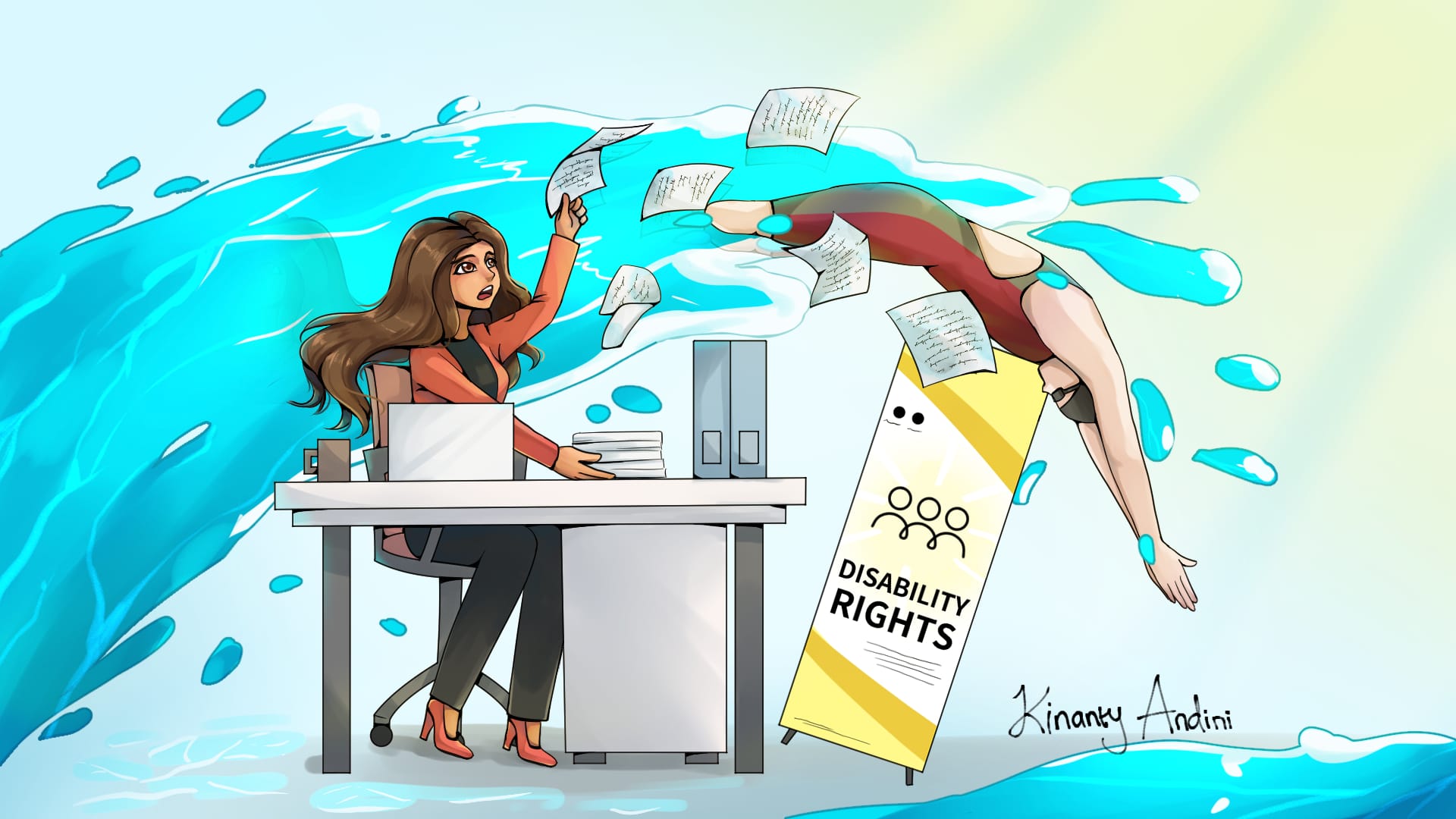 Digital illustration of a male swimmer diving out of a wave, over a woman sitting at an office desk. The woman is shocked and her papers are flying in commotion. The athlete is white with an amputated leg. The woman has olive skin, and flowing hair. A banner reading "disability rights" is tilting unsteadily under the diver.
