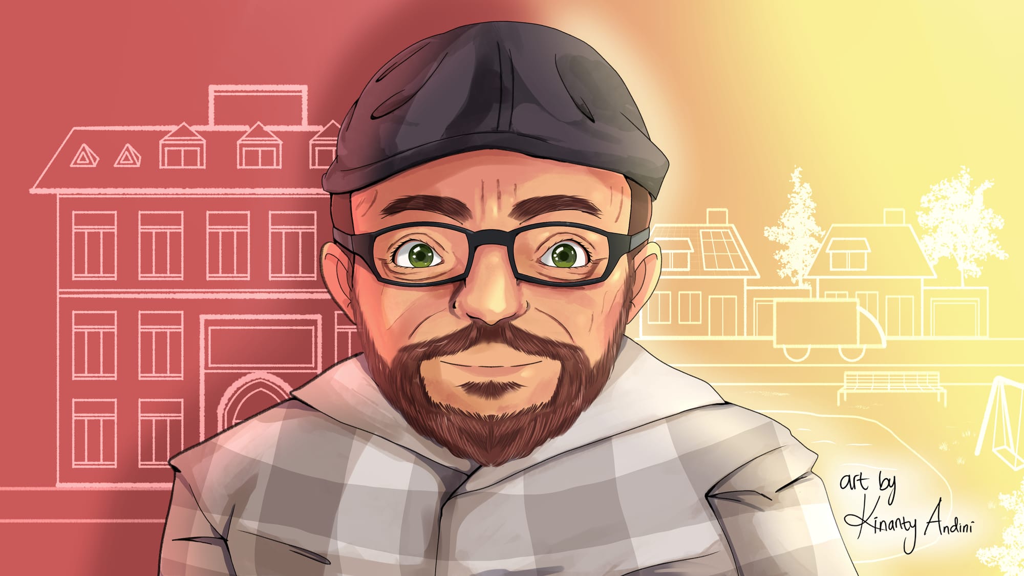 A digitally illustrated portrait of Raúl, a white man with a brown hair, beard, glasses and trademark flat cap. The background is divided in two, red and yellow. On the red side is line illustration of an imposing building and on the yellow side a regular street scene with houses and a park.