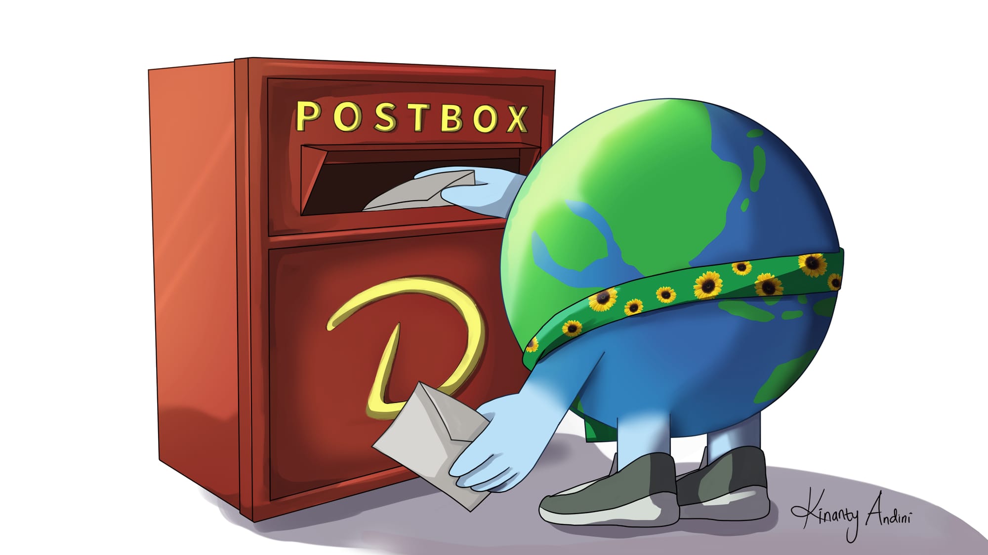 Illustration of the world, with arms and legs, putting mail into a mailbox. The globe wears a sunflower lanyard and the dark red mailbox and has embossed in gold the word "Postbox" and below the "D" Debrief logo. Signed Kinanty Andini.