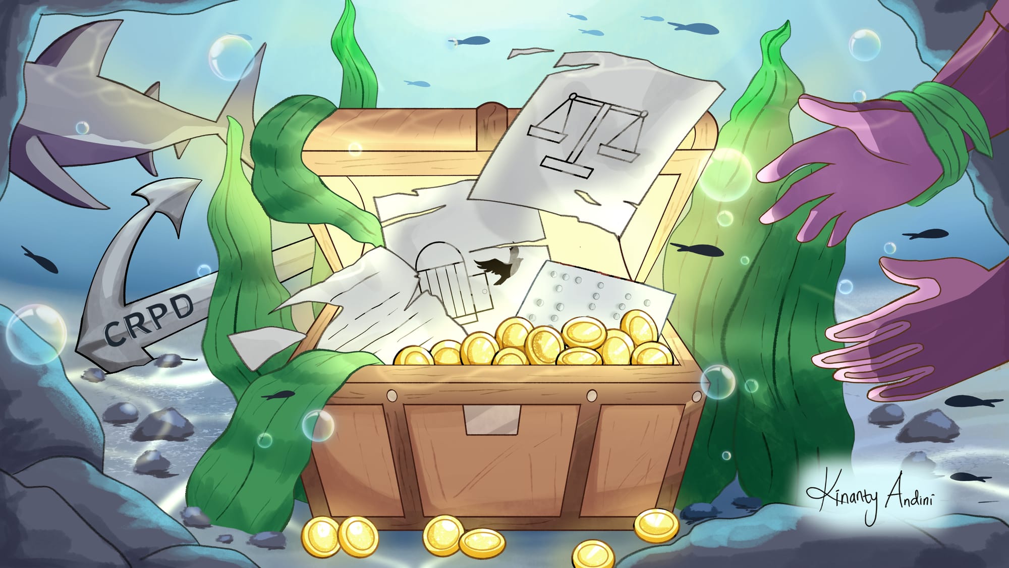 A digital illustration of a treasure chest at the bottom of a sea. It contains golden coins, paper with justice symbols and braille. Diver's hands try to reach the chest, surrounded in seaweed. Behind there is an anchor engraved "CRPD" and the tail of a shark.