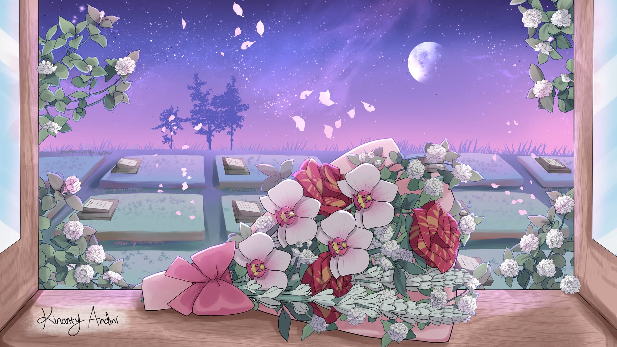 A digital illustration of a bouquet of flowers on a windowsill, with a cemetery and a purple-blue starry night in the background. The window is framed by white jasmine plants. The bouquet consists of white jasmines, moon orchids, tuberoses, and striped roses, and is tied with a pink ribbon.