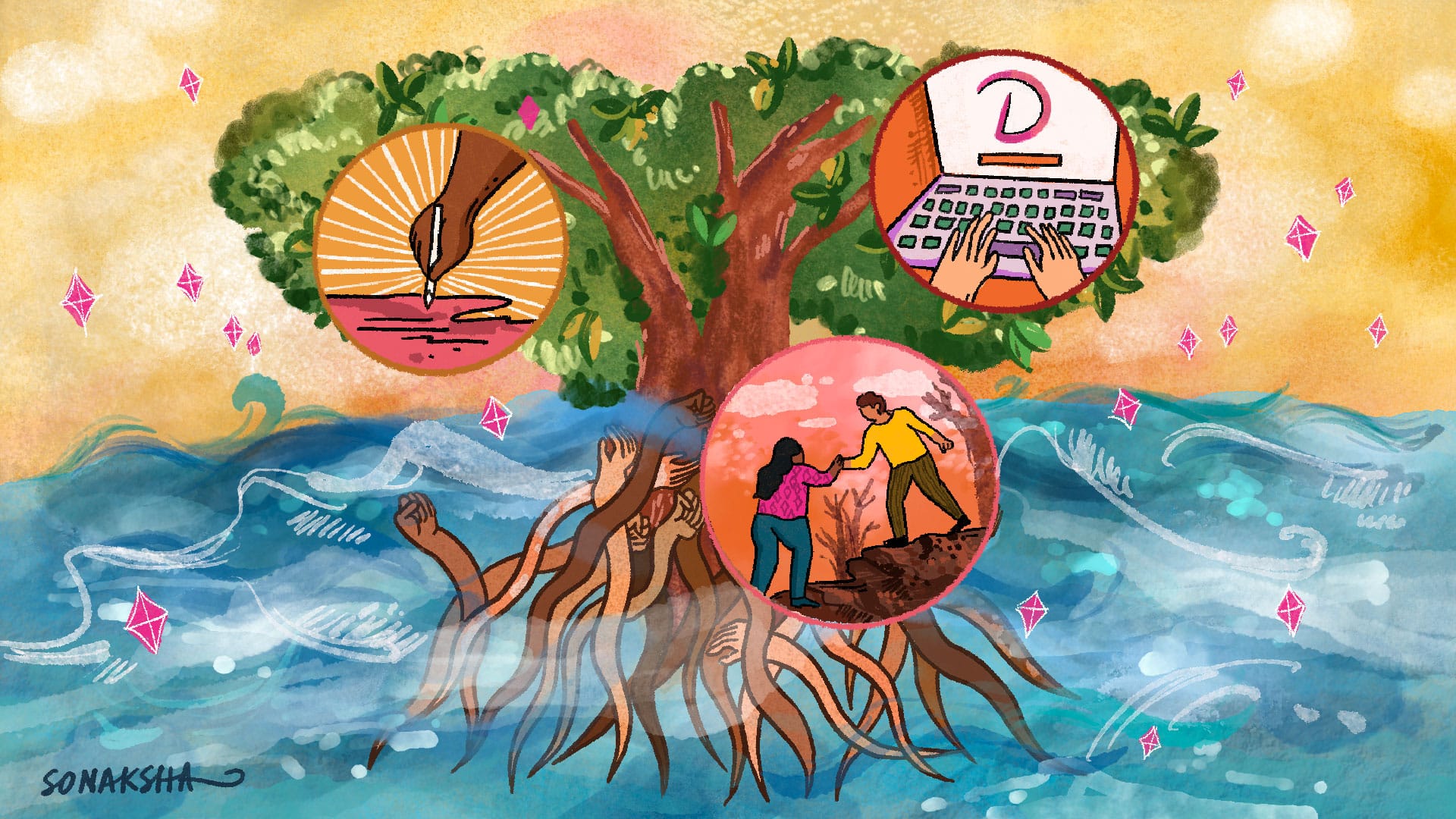Abstract illustration of a tree like a mangrove, with roots made of hands with raised fists.  It is in turbulent water and the sky is in the colours of a sunrise. There are three bubbles across the tree - a person typing the Disability Debrief newsletter, a person giving another a hand to climb up a rocky path, and a person drawing. Pink sparks radiate across the image. Signed, Sonaksha.