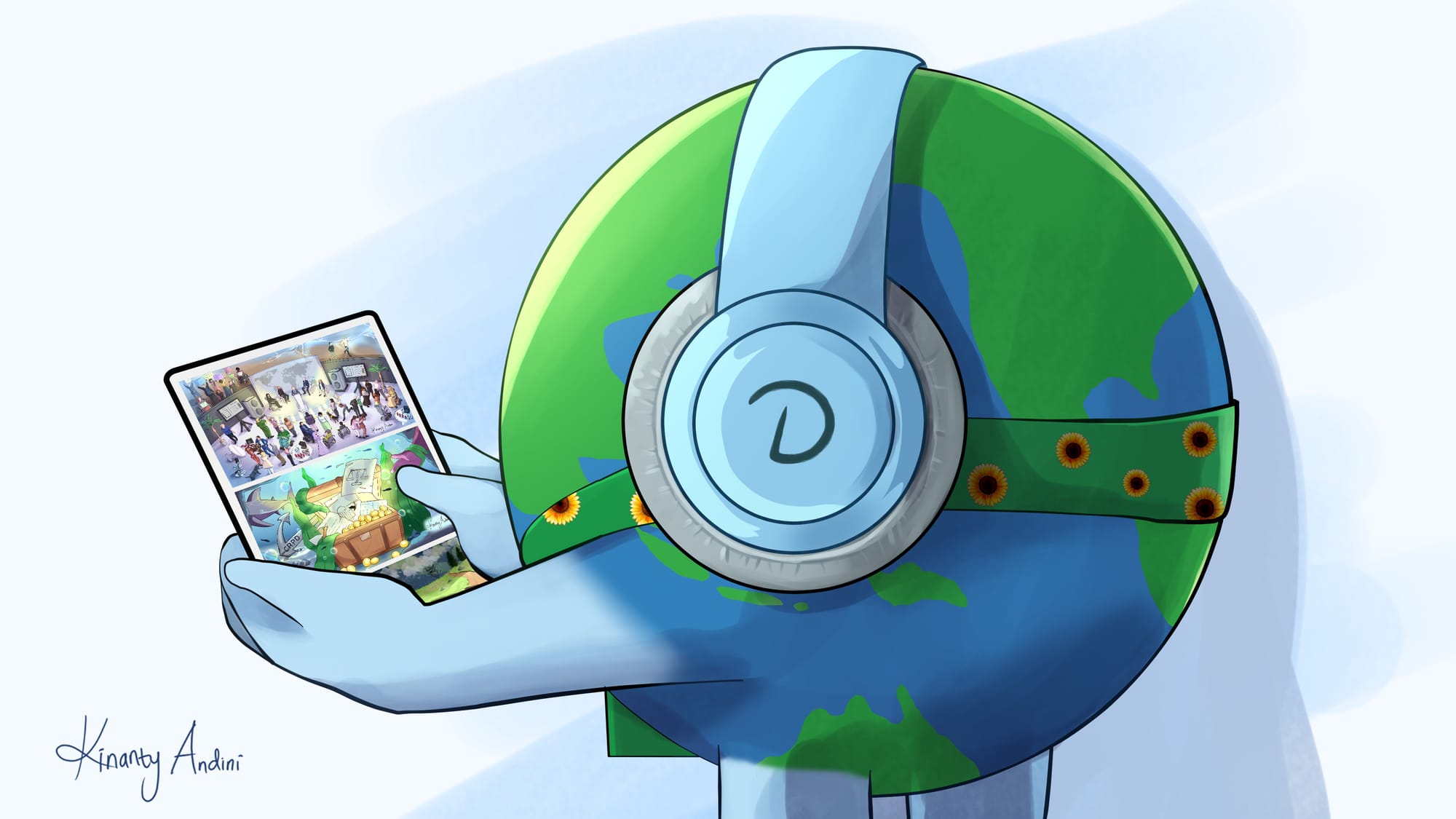 Illustration of a globe with arms and legs, wearing big headphones, and scrolling a tablet. The globe wears a sunflower lanyard, the headphones have the Debrief's logo on them, and the tablet shows previous illustrations. Signed by Kinanty Andini.